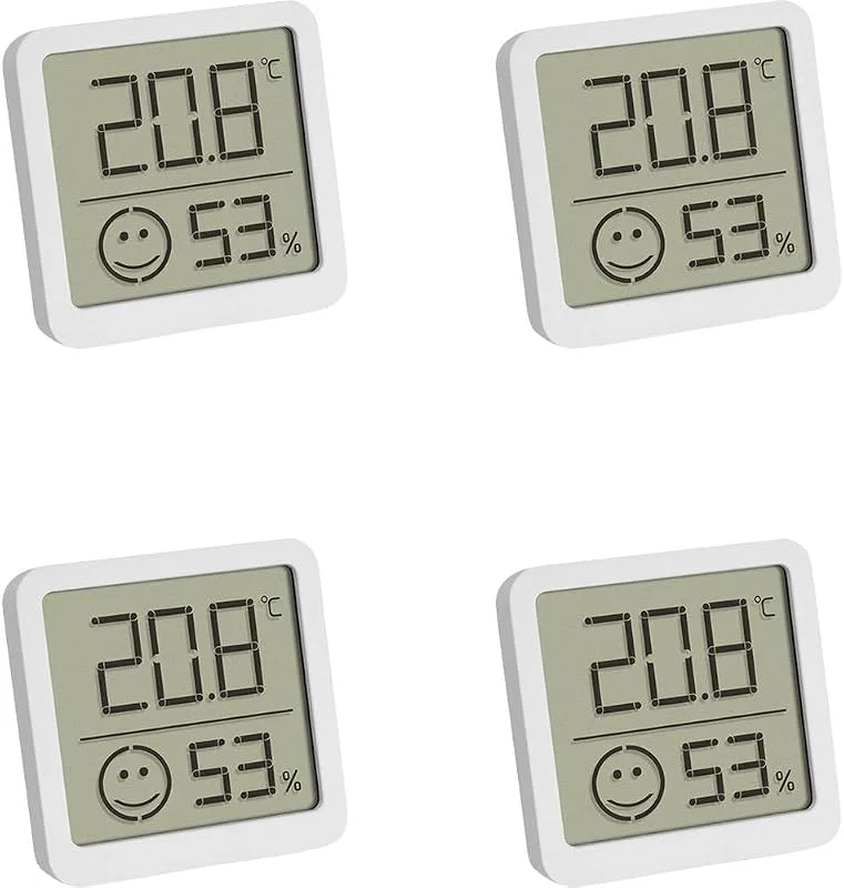TFA Dostmann Termómetro higrómetro digital, conjunto de 4, 30.5053.02.04, temperatura interior e humidade, pequeno e gerenciável, para colocar ou pendurar, 46 x 13 (34) x 43 mm, cor branca — Humidificador