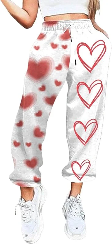 Generisch Calças de fato de treino para mulher com estampado de dia dos namorados com bolsos de cintura alta para ginásio, atléticos, calças de jogger, calças de ioga para mulher, 3, 4 — Roupa aquecida