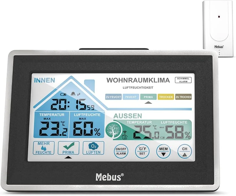 MEBUS funkgesteuerte Wetterstation mit Außensor, Touch Display, Thermometer, Hygrometer, Wohlfühlindikator bewertet Raumklima per Temperatur, Luftfeuchtigkeit, Wecker, Silber-Schwarz, Modell: 01026 — Humidificador