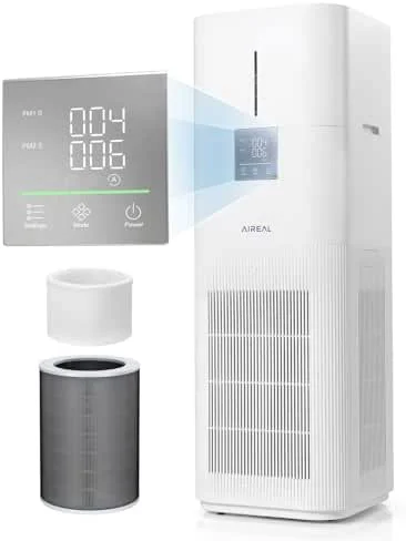 AIREAL Purificador de ar e humidificador 2 em 1 (até 325 m², 7 L) com conjunto de filtro HEPA e humidificador de substituição, sensor PM1.0, PM2.5, controlo por voz