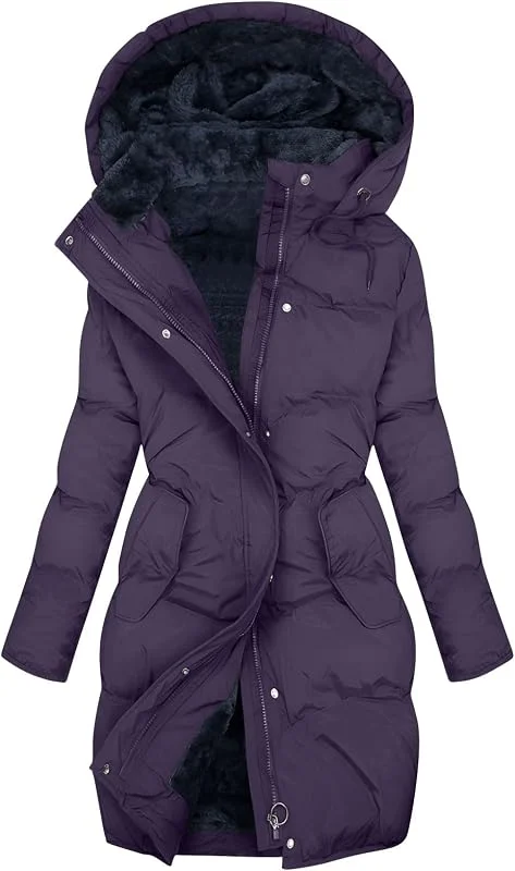 Generisch Abrigo de invierno con ribete de piel sintética, chaqueta forrada pesada para frío extremo, resistente al viento, para actividades al aire libre (púrpura, L) — Roupa aquecida
