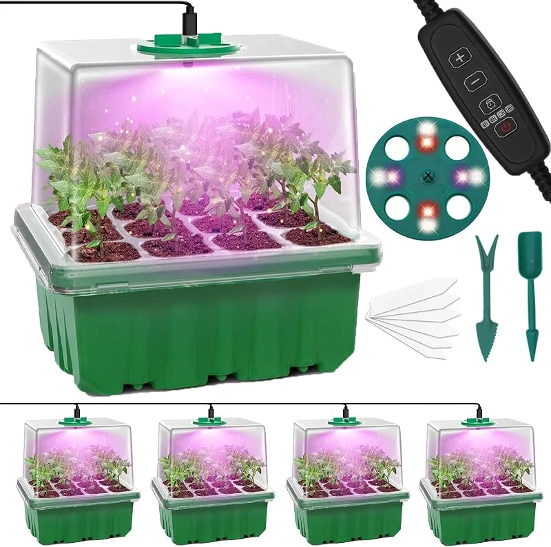 MQFORU Bandejas sementes de germinação com luz de crescimento ajustável, 5 unidades 60 células gerador de sementes, 2 metros temporizador controlador para estufa cultivar sementes de plantas — Aquecimento