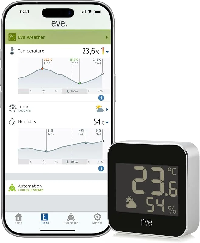 Eve Weather (Matter) – Estación meteorológica Inteligente con medición de Temperatura, Humedad, Tendencia del Clima, certificación IPX4 de Resistencia al Agua, Requiere un Router de Borde Thread — Aquecimento