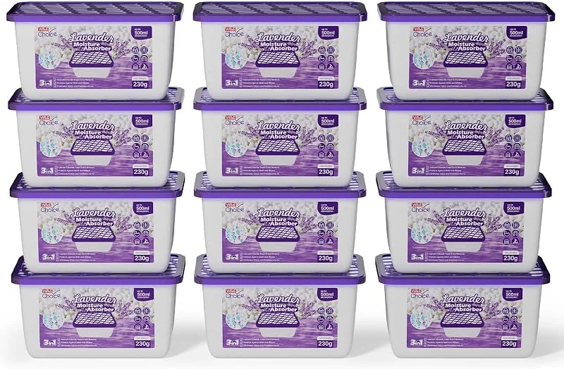 W&E Choice Absorbente de humedad, deshumidificador con aroma a lavanda para el hogar, cajas absorbentes de humedad portátiles para tu baño, armario y coche, paquete de humedad a granel para el hogar