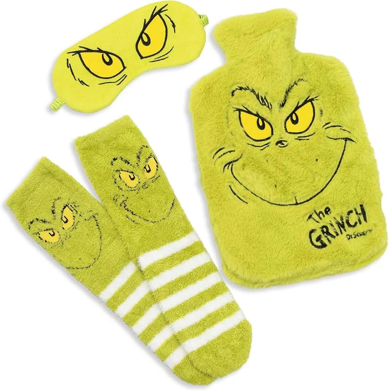 The Grinch Botella de agua caliente verde unisex con máscara de ojos y calcetines, Juego de relajación esponjoso para calidez y sueño, Mercancía de personajes de película — Aquecimento