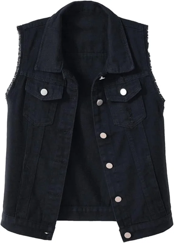 Generisch Chaleco vaquero delgado para mujer, monocolor, sin mangas, con borde de flecos, corte entallado, ropa informal para el día a día, versátil y combinable — Roupa aquecida