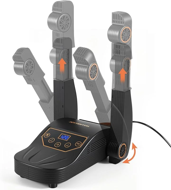 Secador de sapatos elétrico, secador de botas rápido com ventilador de ar quente e temporizador, luz UV, comprimento retrovisível, desumidificar sapatos e eliminar odores, preto — Aquecimento