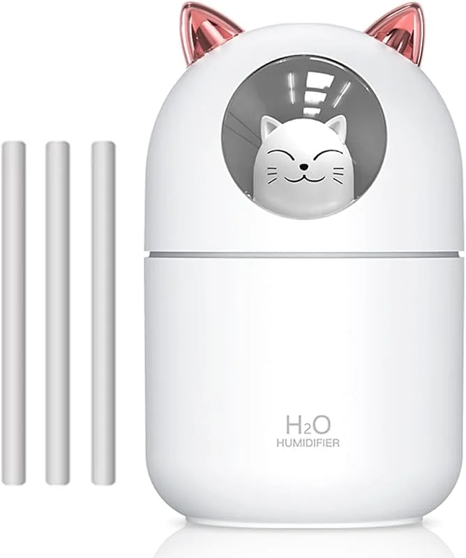 Humidificador pequeno portátil, 300 ml, mini humidificador de névoa fria com luz noturna, humidificador pessoal USB, desligamento automático, ultra silencioso, 2 modos de pulverização