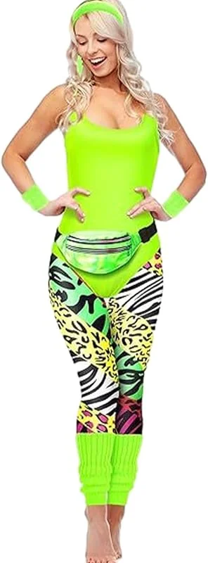 Disfarces para adultos dos anos 80, leggings de treino para mulher, leggings de corrida, aquecedores de pernas, brincos, bolsa de cintura e conjunto de pulseiras — Roupa aquecida