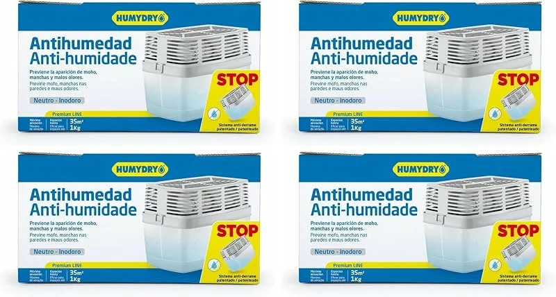 HUMYDRY - Deshumidificador anti-humidade premium 1000 – para espaços de até 35 m², sistema anti-derrame patenteado, recarregável com substituição incluída, aroma neutro (embalagem de 4)