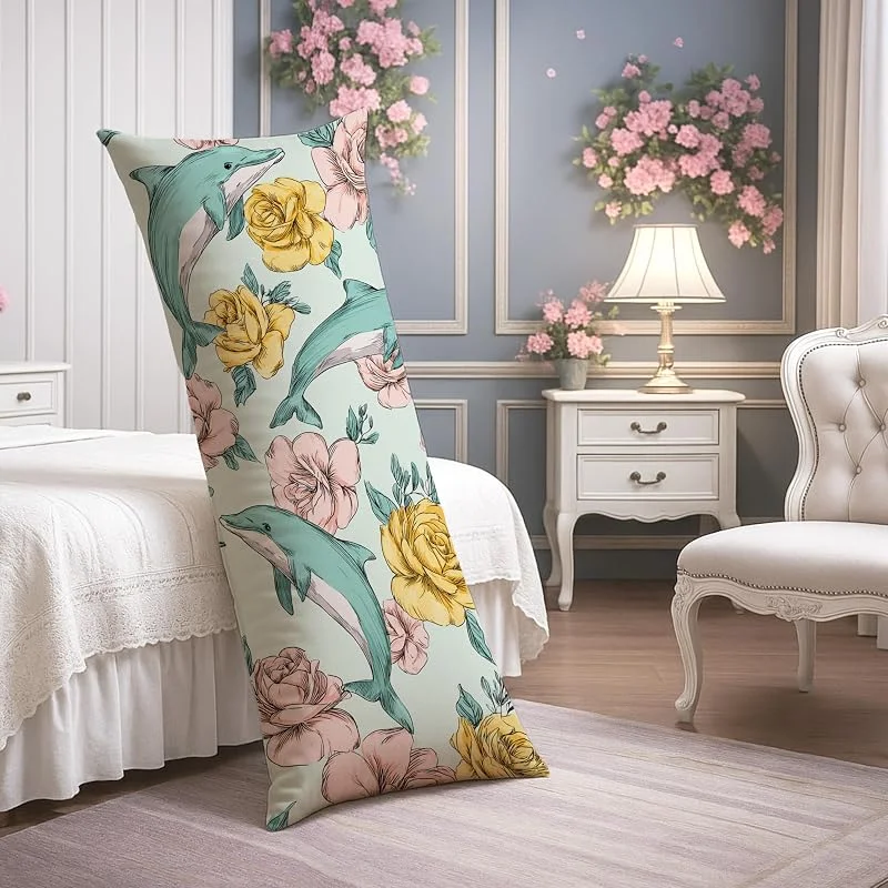 Fundas de almohada de cuerpo floral de delfín, delfines azul aguamarina y flores vibrantes, funda de almohada lumbar de terciopelo suave con cremallera, funda de almohada de cuerpo largo de 20 x 54 — Aquecimento