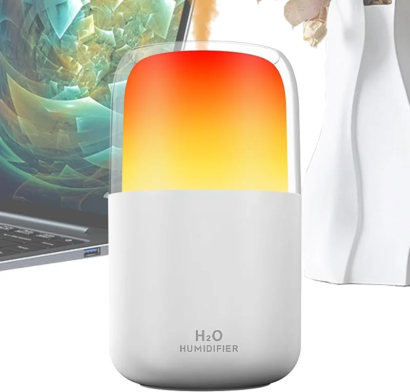 Flame Humidifier com capacidade de 280 ml, Travel-Friendly Rechargeable Humidifier with Flame Effect, 2 modos de spray e 2 Light Settings for Bedroom, Living Room & More — Humidificador