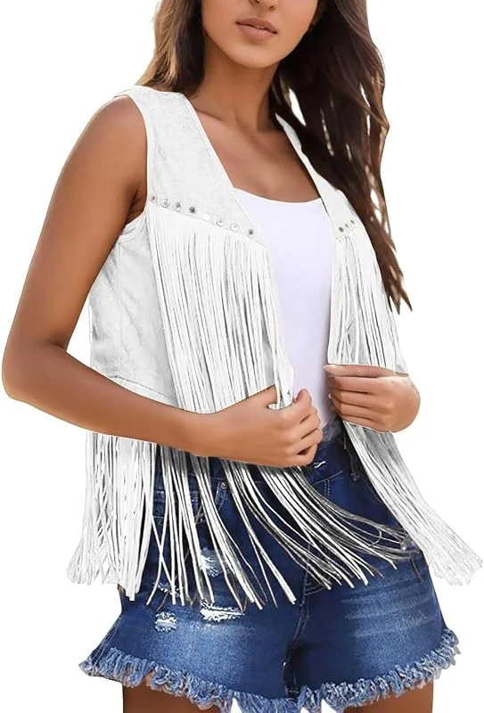 Generisch 2025 - Colete de mulher com franjas sintético aberto frente aberta colete vintage sem mangas roupa hippie dos anos 70 casaco boho western casaco homem inverno — Cabelo