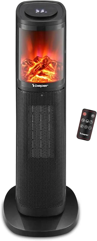 BEPER P203TER010 Termoventilador cerâmico de coluna, 2000W, painel de controlo tátil, chama LED, controlo remoto incluído, preto — Aquecimento