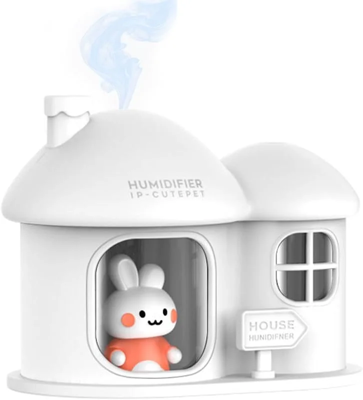 Humidificador de ar, humidificador ultra silencioso em forma de casa de coelho com luz que muda de cor, capacidade de 300 ml, humidificadores, difusor pequeno portátil para quarto, carro