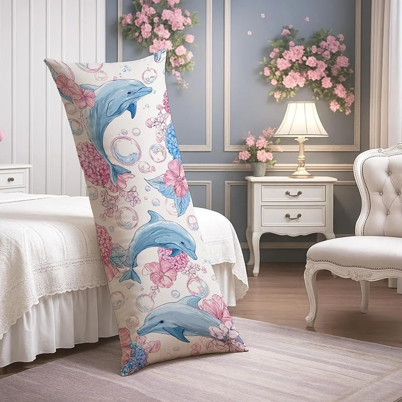 Funda de almohada corporal floral de delfín, delfines azules y flores de melocotón, funda de almohada lumbar de tela suave con cremallera, 20 x 54 pulgadas, almohadas decorativas para cama, sofá — Aquecimento