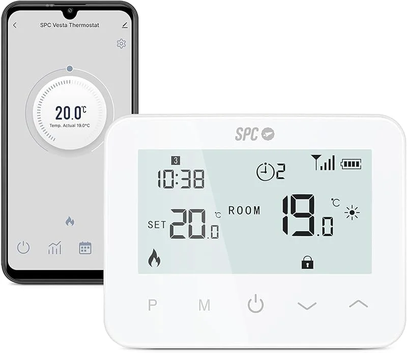 SPC Vesta Thermostat – Termostato de aquecimento WiFi para caldeira a gás, controle inteligente por app, compatível com Alexa, Google, detecção de janelas abertas, programável e de parede – Branco