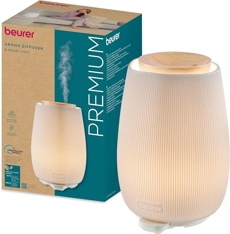Beurer A 45 difusor de aroma para óleos essenciais, nebulizador ultrassónico de 2 níveis para aromaterapia, luz ambiente em 9 cores, invólucro de cerâmica e tampa de madeira, com temporizador — Humidificador