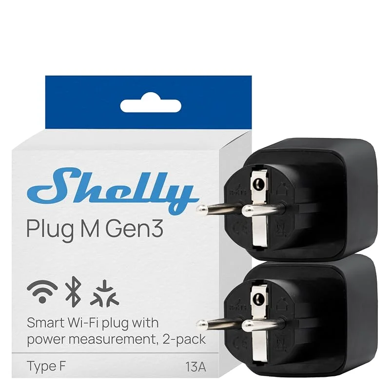Shelly Plug M Gen3 Preto – Tomada inteligente Matter e Wi-Fi, 13 A (3000 W), tipo F, com medição do consumo de energia, compatível com Alexa, Google Home e Apple HomeKit, conjunto de 2 — Aquecimento