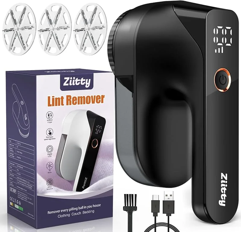 Removedor de Fiapos Elétrico Ziitty - Removedor de Fiapos para Roupas, Tela LCD, Carregamento por Type-C, 6 Lâminas, Lâmina de Removedor de Fiapos Recarregável Potente e Eficiente para Roupas e Móveis — Aquecimento