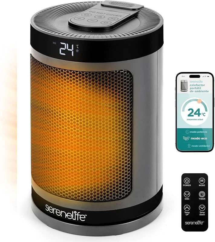 SereneLife aquecedor elétrico cerâmico PTC 1500 W baixo consumo, Wi-Fi via app móvel, termostato digital, controlo remoto, temporizador de 12 horas — Aquecimento