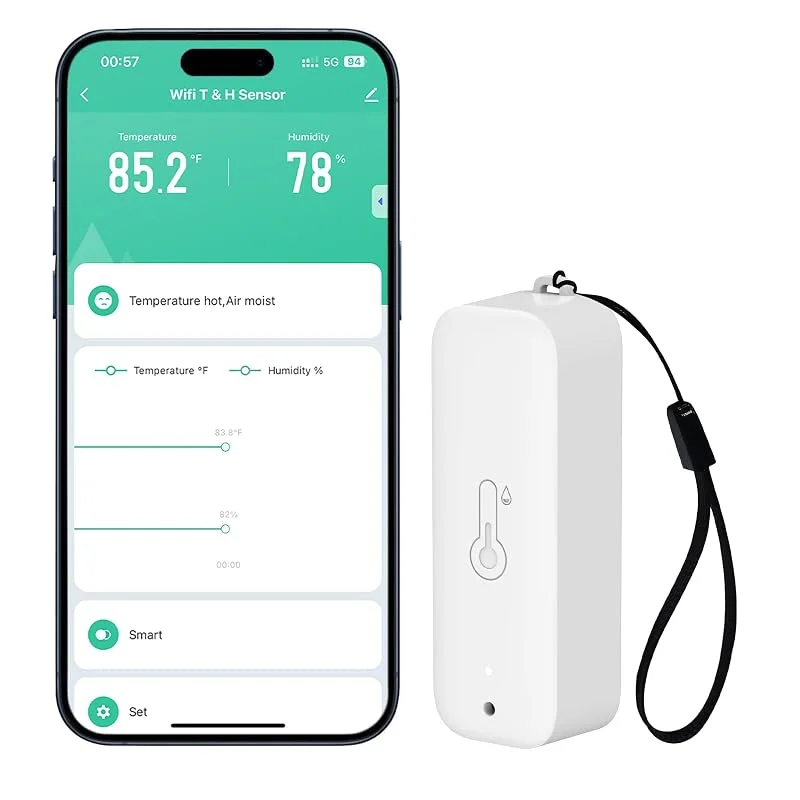 Sensor de termómetro e higrómetro Wifi, sensor de temperatura e humidade com alarme de notificação de aplicação remota, compatível com Alexa (1 peça) — Humidificador
