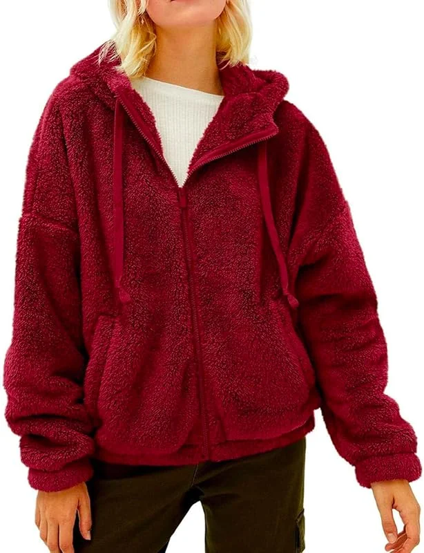 Sudadera con Capucha para Mujer, Chaqueta Gruesa Felpa con Bolsillo, Chaquetas, Sudaderas con Capucha, Sudadera con Capucha, Abrigo cálido Invierno (Vino L) — Roupa aquecida