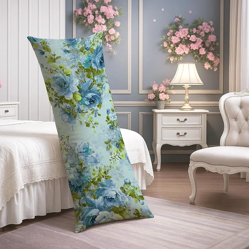 Fundas de almohada de cuerpo floral, rosas azules, vintage, funda de almohada lumbar de microfibra suave con cremallera, 20 x 54 pulgadas de largo, funda de almohada decorativa para cama, sofá y — Aquecimento