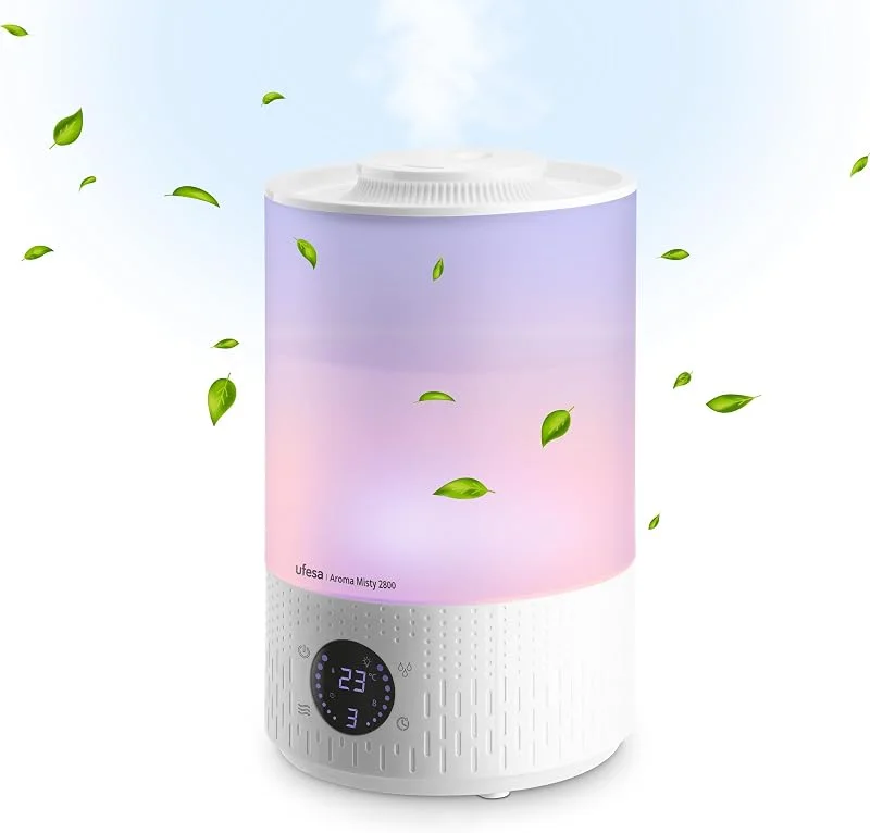 Ufesa Aroma Misty 2800 Humidificador de 200 ml, h, ultra silencioso, óleos aromáticos, 35 m2, digital, temporizador, 7 cores