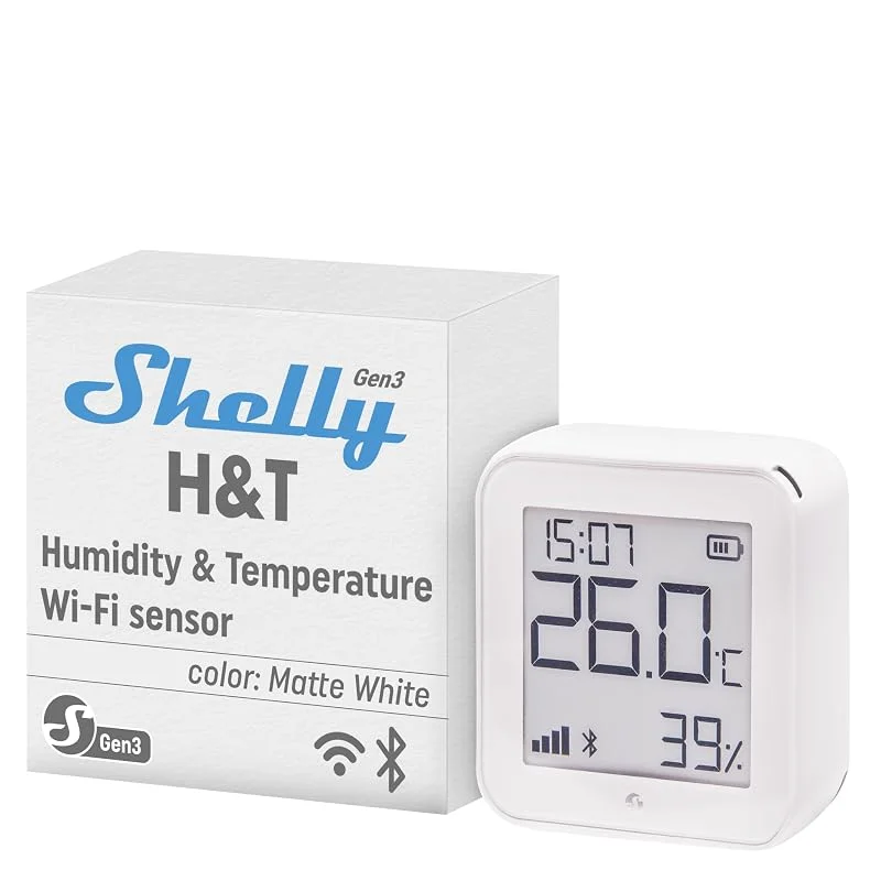 Shelly H&T Gen 3 branco - Termómetro higrómetro Wi-Fi e Bluetooth, medidor sem fios de temperatura e humidade, armazenamento de dados, controlo remoto por aplicativo, bateria longa duração ou USB — Humidificador