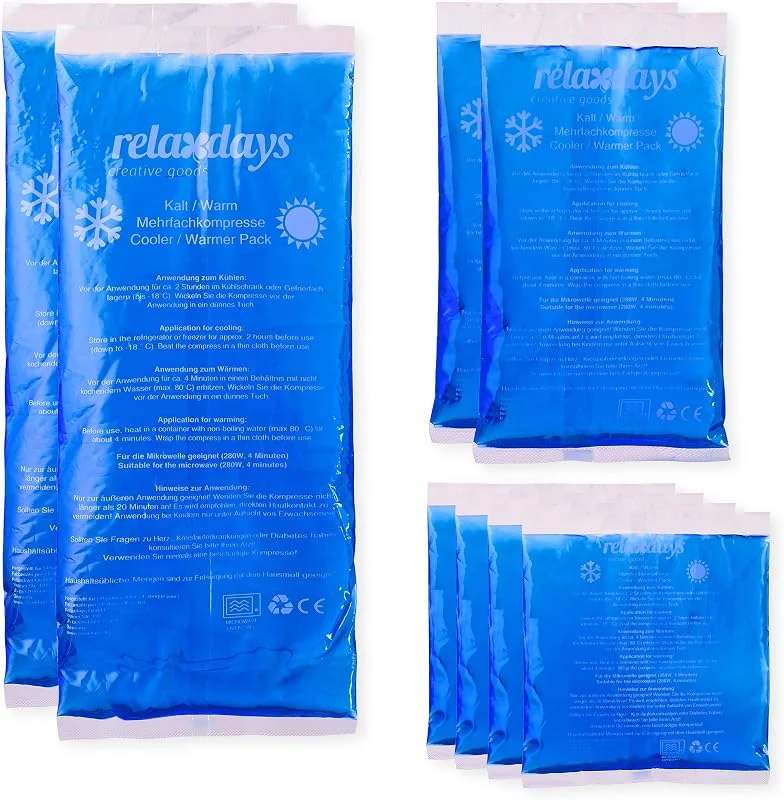 Relaxdays Pacote de 8 sacos de calor frios reutilizáveis para lesões, gel e PE, azul, vários tamanhos — Aquecimento