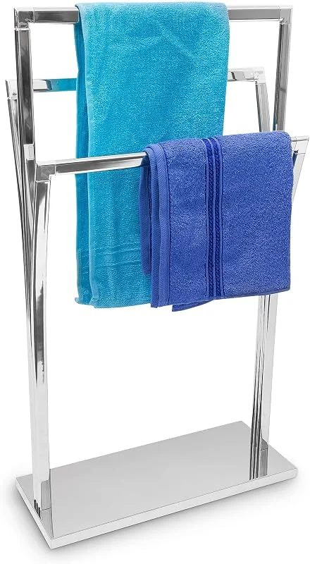 Relaxdays, Toalheiro de pé em aço inoxidável, curvo, 3 barras, 86 x 50 x 20 cm, suporte para toalhas, casa de banho, prateado — Cozinha e lar