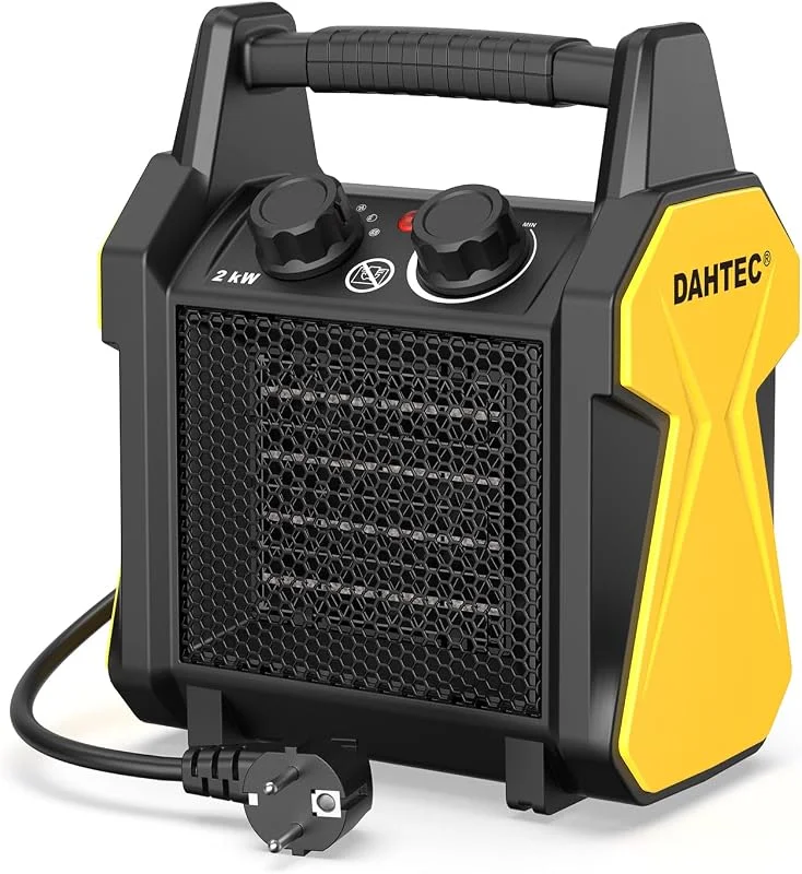 DAHTEC Aquecedor de baixo consumo 2000 W - cerâmica ar quente - proteção anti-reviravolta e termóstato - adequado para casas, casas de banho — Aquecimento