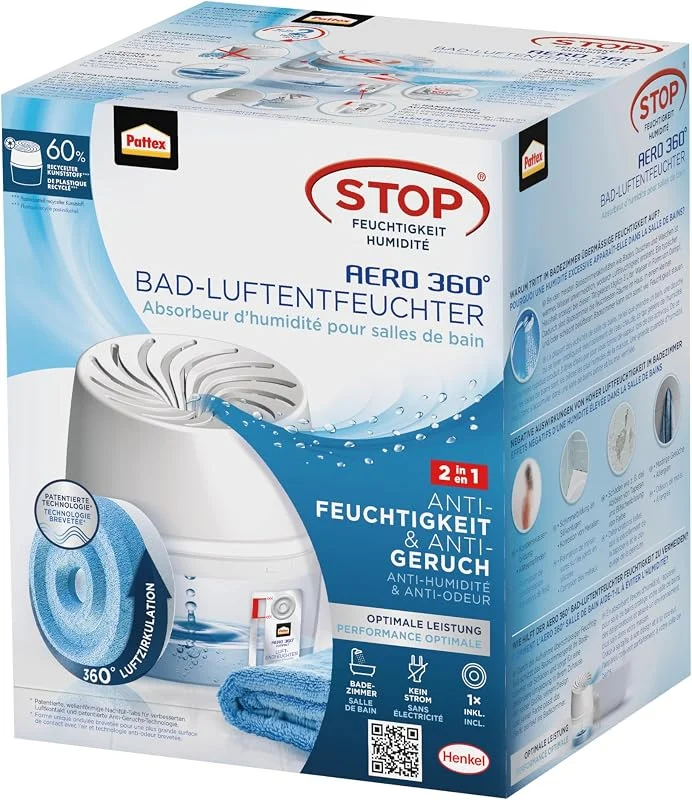 Pattex AERO 360° Deshumidificador para casa de banho, de quartos para uma circulação eficaz do ar, de quartos reduz o excesso de humidade, 1 dispositivo incluído. 1 pastilha de recarga
