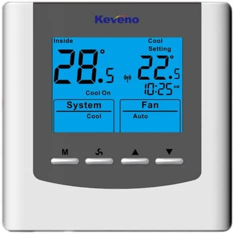 Termostato de quarto VAV111D configurado com controlo de saída analógico único (0 10 V 4 20 mA) para válvula de aquecimento e controlo de ventilador de 3 velocidades alimentado