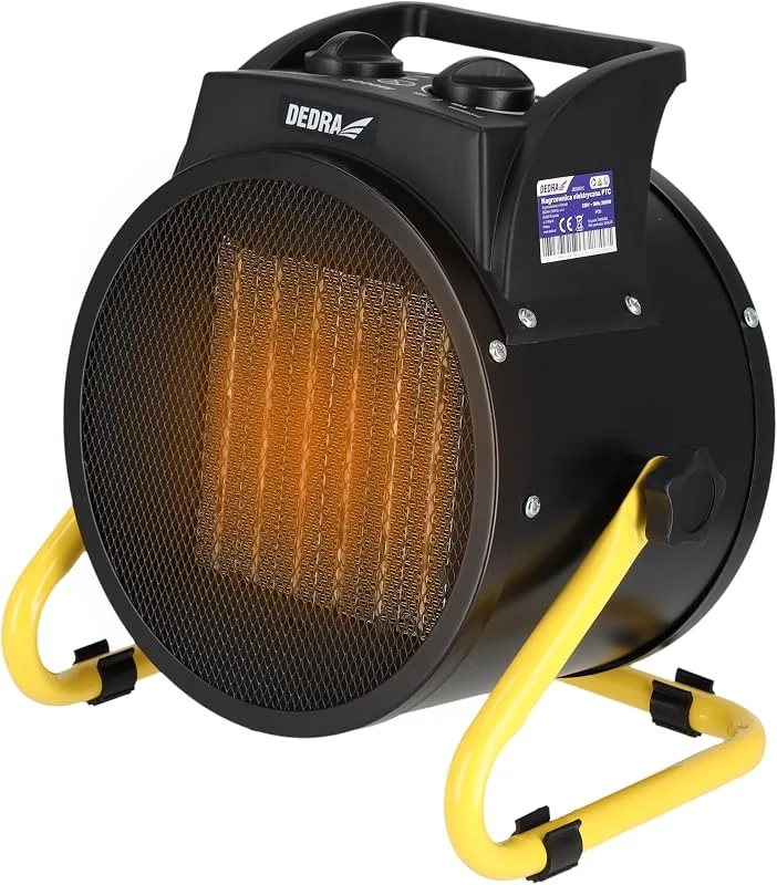 DEDRA Aquecedor elétrico PTC 3, 0 kW redondo preto com suporte DED9931C, elemento de aquecimento cerâmico, para peças bem isoladas, termostato, proteção contra superaquecimento, controlo de
