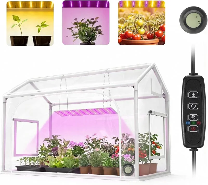 Mini estufa com luz de crescimento, temporizador e higrotermógrafo, 30 x 16 x 20 polegadas, estufa de mesa para interiores e exteriores com 96 luzes LED reguláveis de espectro total (3 — Aquecimento