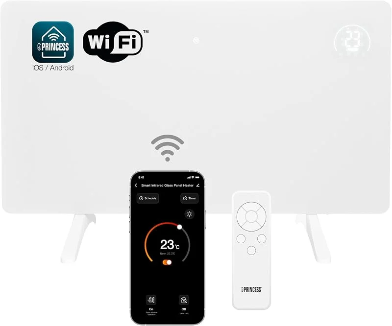 Princess Aquecedor infravermelhos inteligente, vidro de carbono, 480 W, termóstato ajustável até 50 °C, temporizador 24 h - Programação semanal, branco ou preto (branco) — Aquecimento