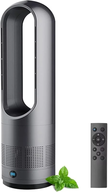 Ventilador de torre sem copo quente e frio de 18 polegadas com controlo remoto: oscilação de 8 80 °, temporizador de 8 h, ecrã LED, circulador de ar e purificador para casa, dorm Dark Gray — Aquecimento