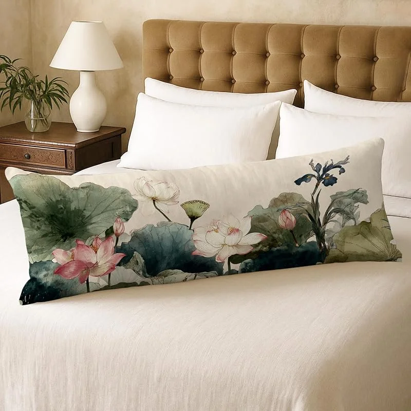 Fundas de almohada de cuerpo floral de lirio de agua, funda de almohada lumbar de terciopelo suave botánico vintage con cremallera, funda de almohada de cuerpo largo de 20 x 54 pulgadas, funda de — Aquecimento