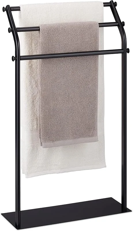 Relaxdays Toalheiro de pé de metal, 3 braços, 86 x 51 x 19 cm, antiderrapante, suporte toalhas casa de banho, quarto, aço, preto — Aquecimento