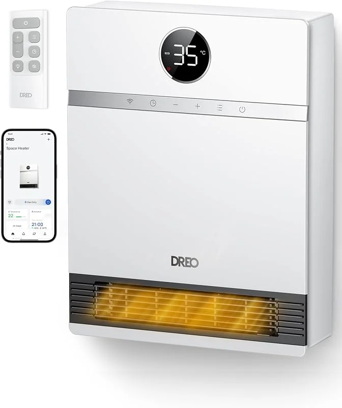 Dreo Inteligente Calefactor Bajo Consumo, Oscilación de 30°, 2000W Termoventilador Electrico, Calefactor Baño Pared, Termostato Ajustable, Control Remoto, 24H Temporizador, Instalación Sencilla, Alexa — Aquecimento