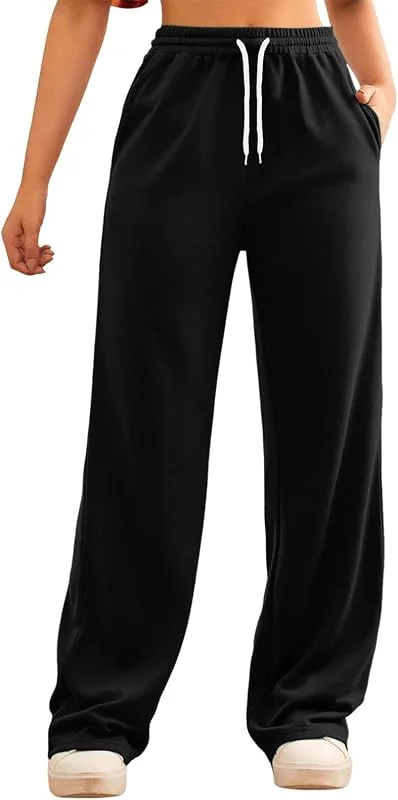 Generisch Pantalones de chándal para mujer con bolsillo inclinado, pierna ancha, cintura alta, pantalones cómodos para el tiempo libre, para entrenamiento, yoga, uso diario — Roupa aquecida