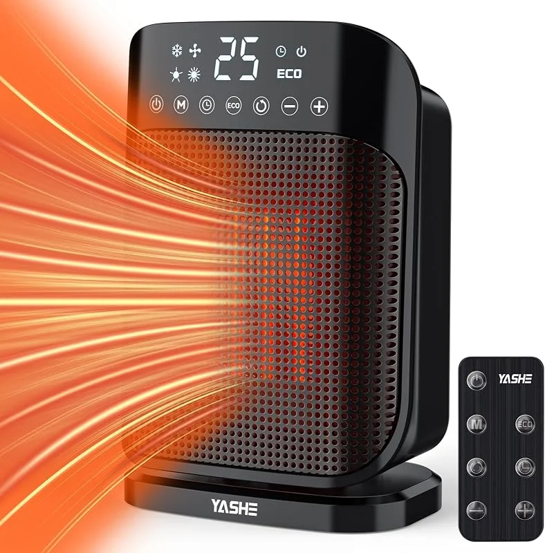 YASHE Ventoinha de aquecimento cerâmico de 1800 W, aquecedor de casa de banho com controlo remoto, 3 velocidades, economia de energia, termóstato, temporizador de 24 horas, oscilação de 75°, preto