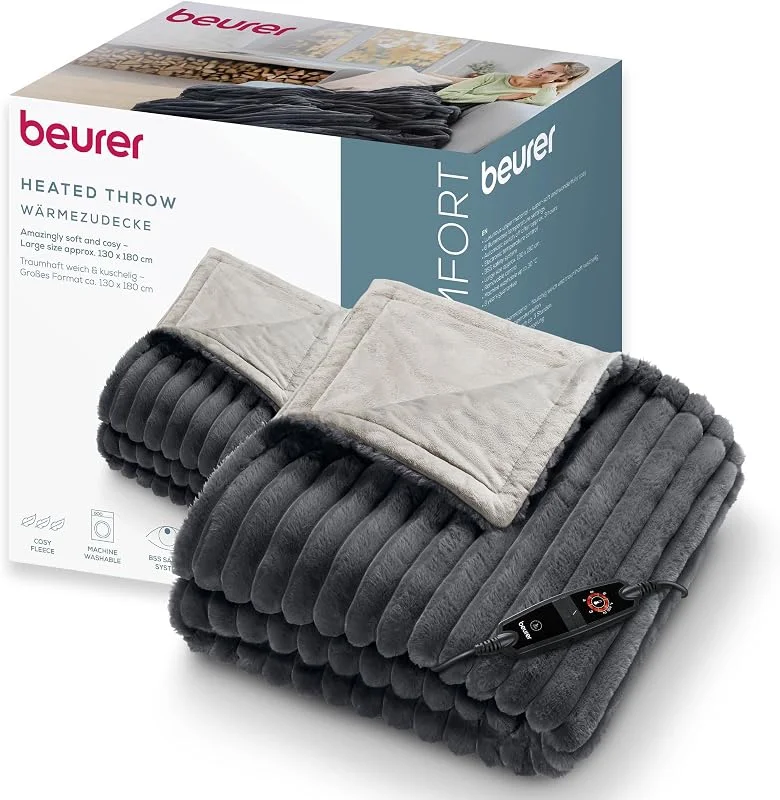 Beurer Stockholm manta elétrica, manta térmica aconchegante de material superior luxuoso com 6 níveis de temperatura, com desligamento automático e sistema de segurança, lavável na máquina a 30 °C, cinza — Aquecimento