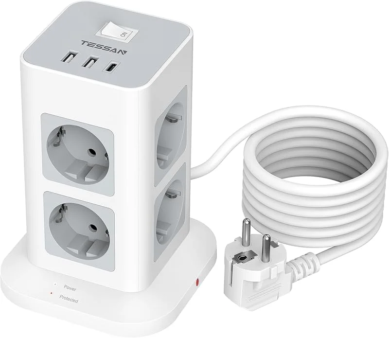 TESSAN Extensão de tomadas múltipla proteção contra sobretensão, torre de tomadas vertical 8 saídas com 1 USB C, extensão de 2 m, régua USB com interruptor para casa, escritório, 3600 W, cinzento — Humidificador