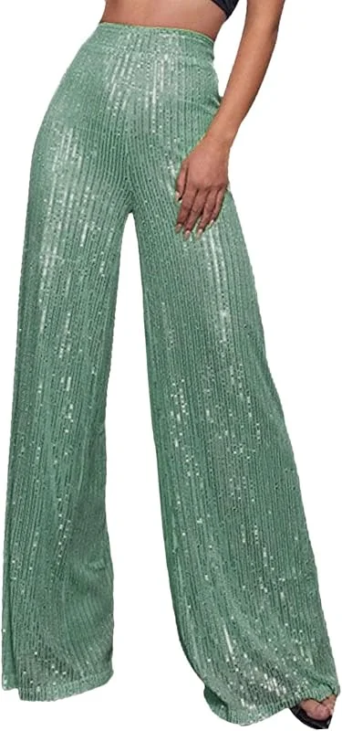 Generisch Pantalones de mujer para el tiempo libre con ribete de lentejuelas, brillante, cintura alta, pierna ancha, ideal para noches de club, ocasiones festivas — Roupa aquecida