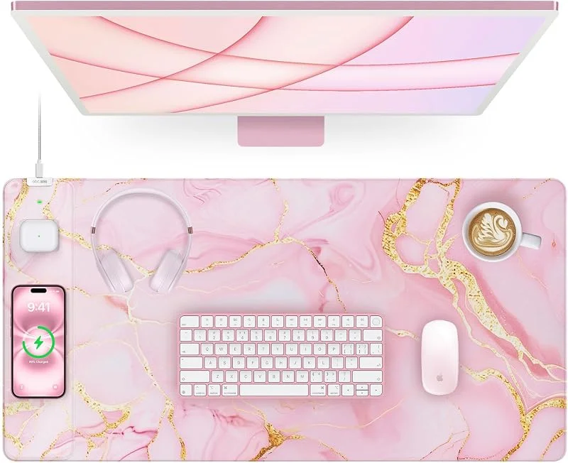 Tapete de rato de carregamento sem fio, 31, 5 x 15, 8 polegadas, tapete de secretária grande para teclado, portátil, superfície ultra lisa impermeável, base antiderrapante, mármore rosa — Aquecimento
