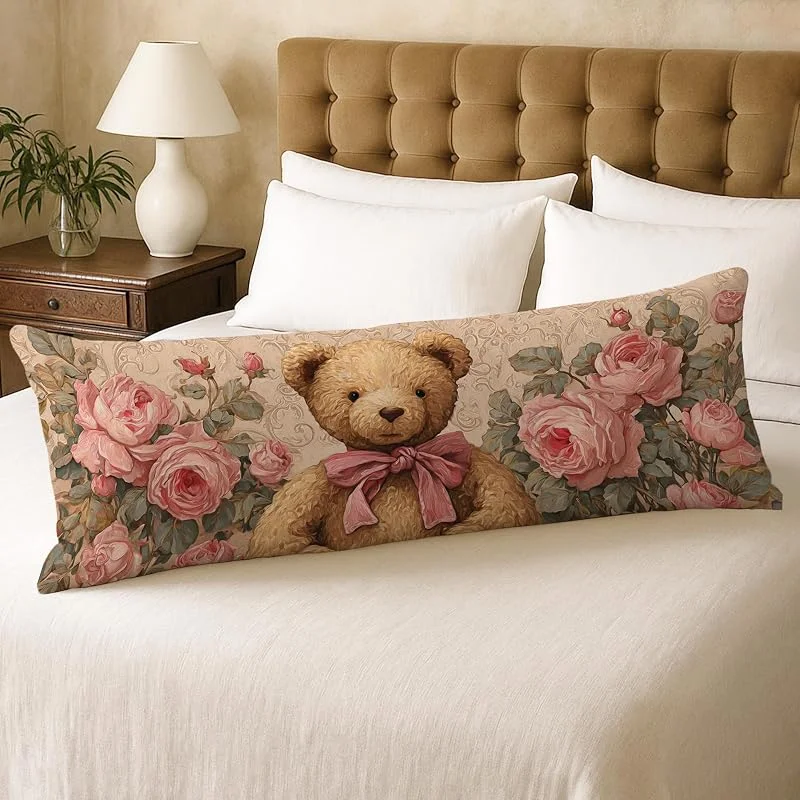 Fundas de almohada de cuerpo de oso, funda de almohada lumbar de terciopelo de felpa floral vintage con cremallera, funda de almohada de cuerpo largo de 20 x 54 pulgadas, funda de almohada decorativa — Aquecimento