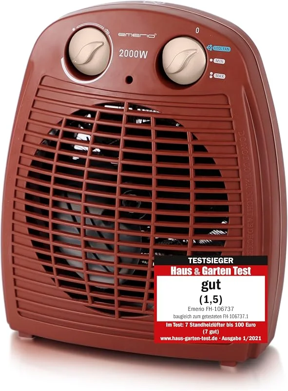 EMERIO FH-106737.13 Aquecedor (2000 W, pequeno e compacto, portátil, para aprox. 25 m², 2 potências de aquecimento + função de ventilador, termostato ajustável, interruptor de segurança basculante